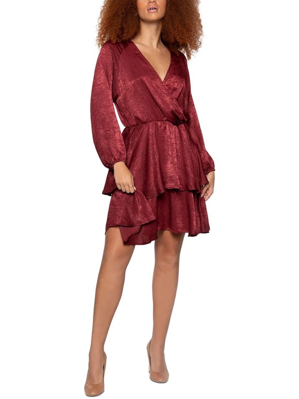 NWT Black Tape Burgundy Satin Surplice Tiered Ruffle Mini Dress